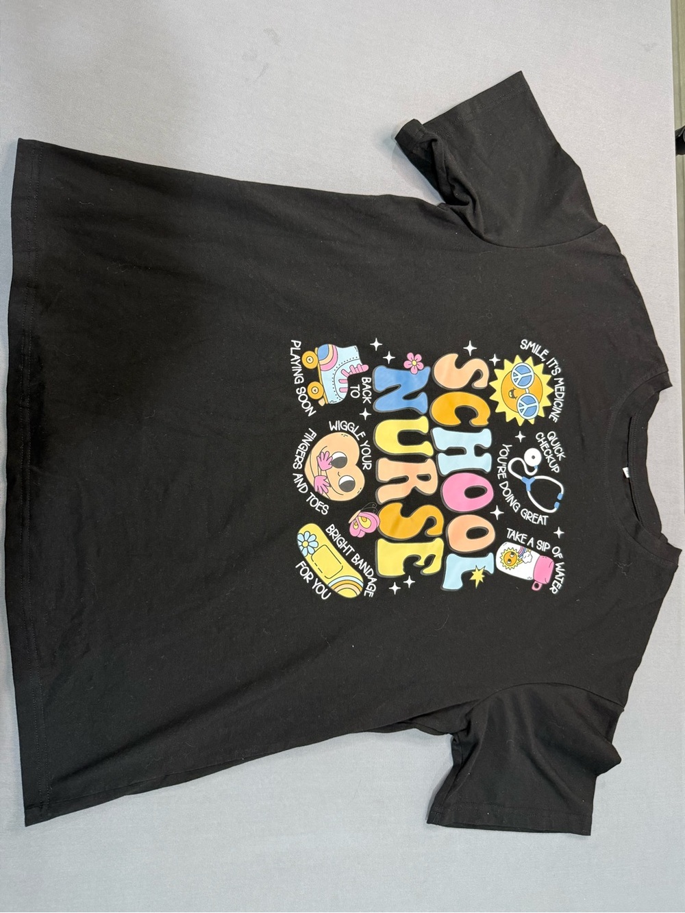 Women’s Black "School Nurse" Graphic Print Crew Neck Short Sleeve T-Shirt M #96